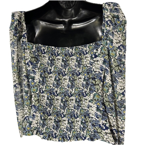 ASTR The Label Tonina Top Puff Sleeve Ruched Bodice in Blue Green Floral Size S - Picture 5 of 7